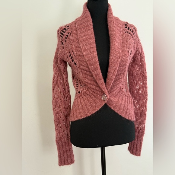 Ann Taylor Loft XS Elegant Wool Blend Knit Pink Cardigan Jewel Accent 875 - Picture 2 of 9